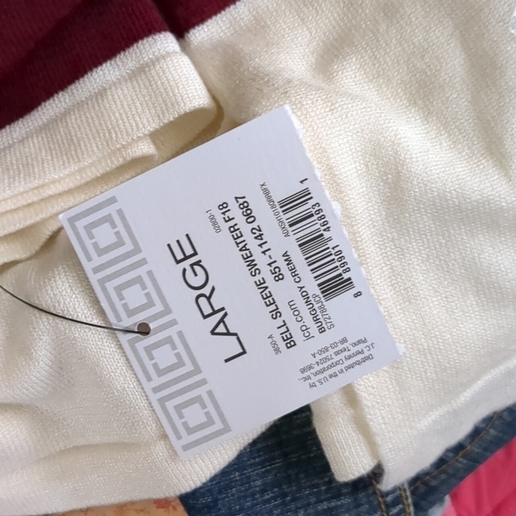 LIZ Claiborne Burgandy and Cream Striped Bell Sleeve sweater, size Large - Picture 3 of 3